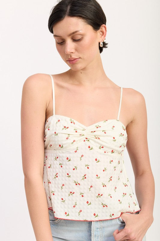 Emory Park Floral Sweetheart Cami Top with delicate red floral print and thin straps