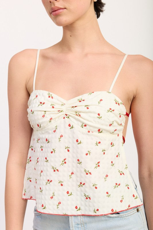 Emory Park Floral Sweetheart Cami Top with small red flower print and thin straps