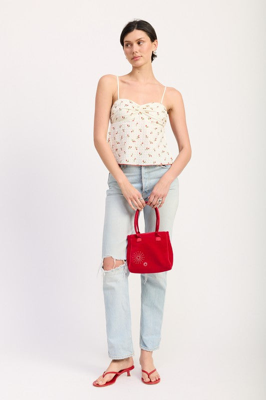 Emory Park Floral Sweetheart Cami Top with delicate floral print and spaghetti straps styled with light wash jeans and red accessories
