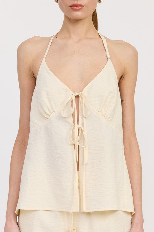 Emory Park cream halter neck top with back tie featuring double front ties and lightweight fabric