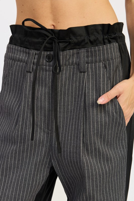 Emory Park Loose Fit Mix Media Pants with a stylish drawstring waist and pinstripe design