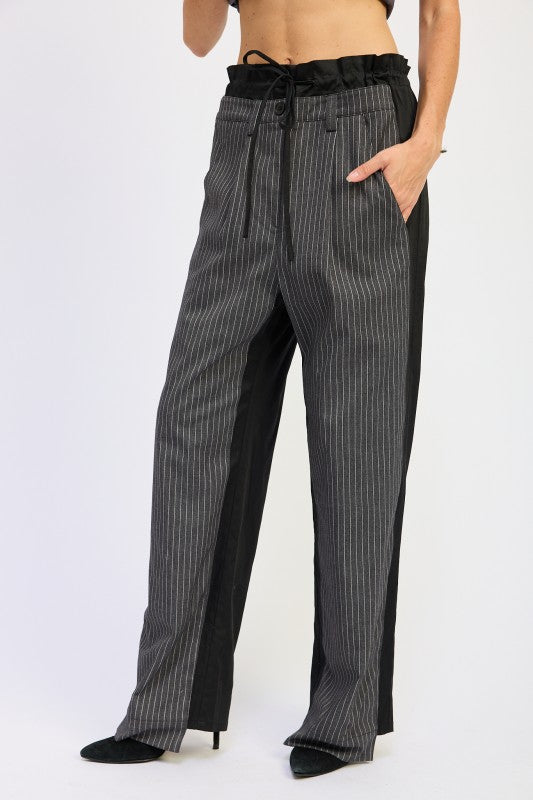 Emory Park Loose Fit Mix Media Pants with Striped Design and Adjustable Waist for Comfortable Wear