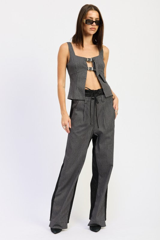 Emory Park Loose Fit Mix Media Pants in striped design with a relaxed silhouette and side panel accents