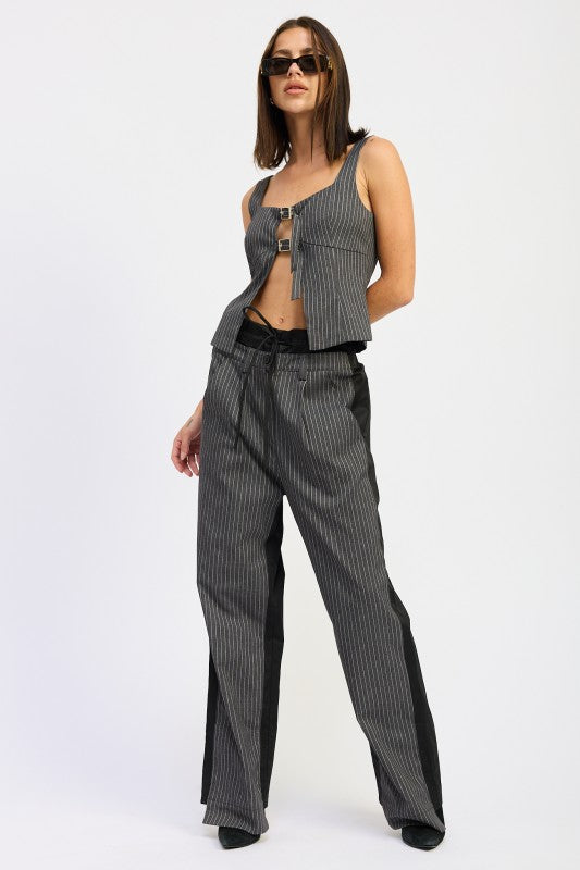 Emory Park Loose Fit Mix Media Pants with Vertical Stripes and Contrast Side Panels