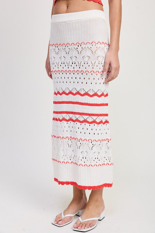Emory Park white and red striped Maxi Crochet Skirt with intricate openwork design worn with white sandals