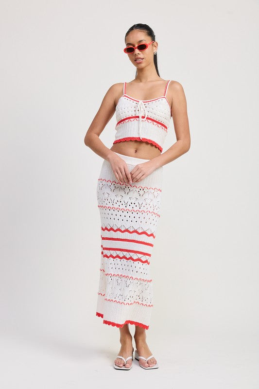 Emory Park white and red Maxi Crochet Skirt worn with matching crop top and sunglasses