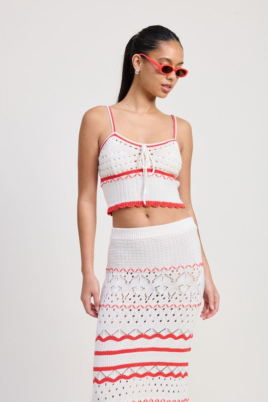 Emory Park white and red striped Maxi Crochet Skirt worn with matching crop top and red sunglasses