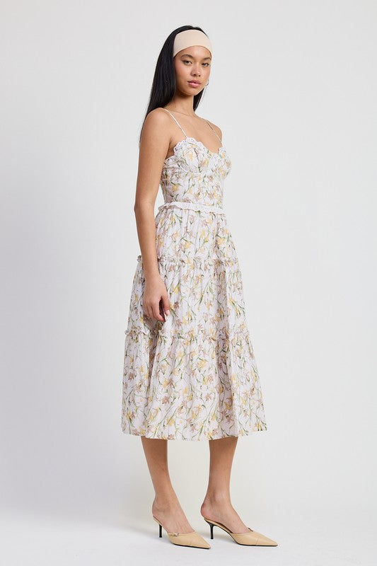 Emory Park Midi Floral Corset Dress with delicate floral print and fitted bodice on model
