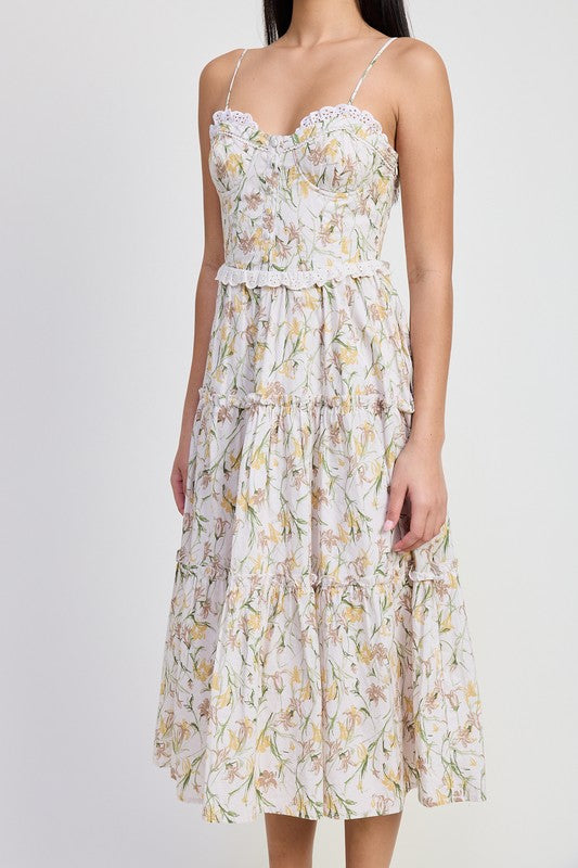 Emory Park Midi Floral Corset Dress with spaghetti straps and tiered skirt in a soft floral print
