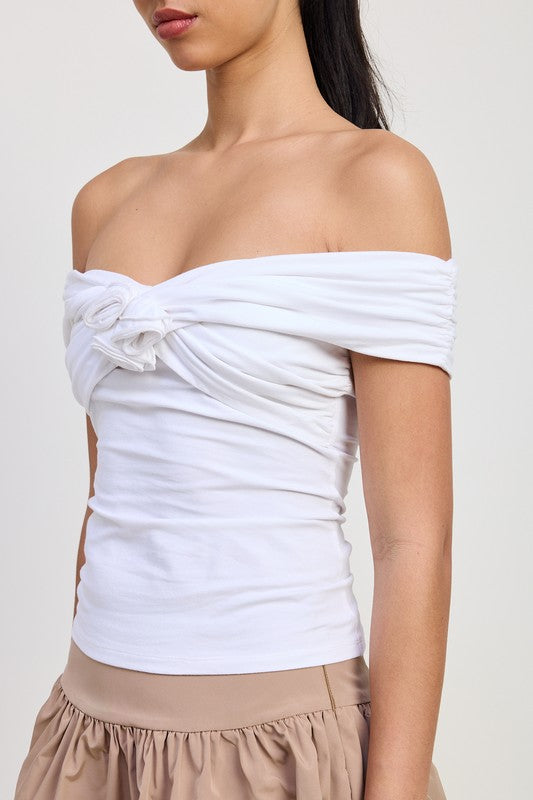 Emory Park white Off Shoulder Rosette Top with ruched detailing and bow accent on model