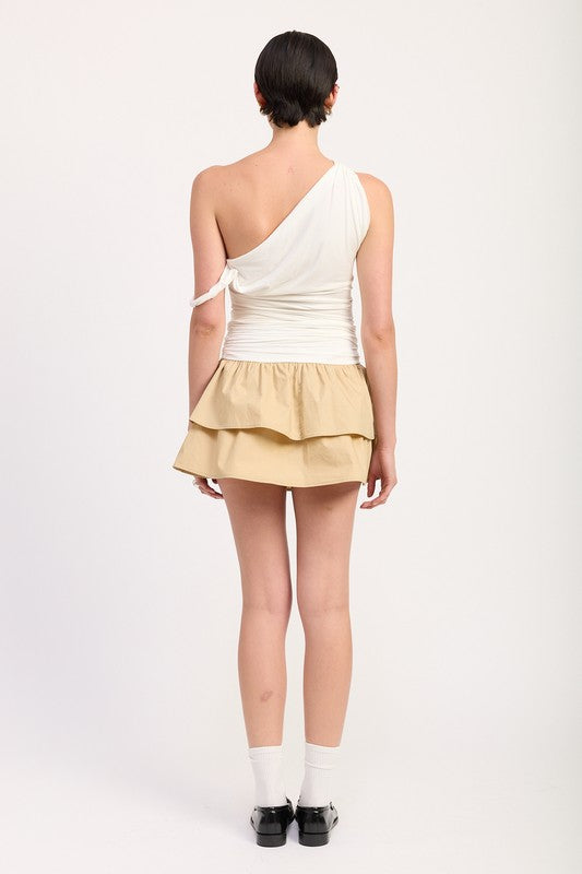 Back view of Emory Park One-Shoulder Ruched Layered Mini Dress with white top and beige skirt