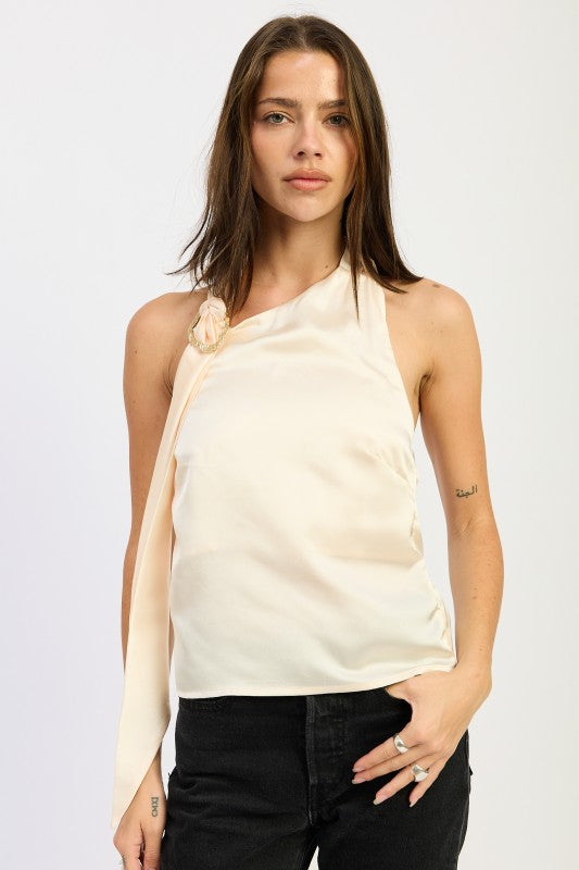 Emory Park one shoulder top with scarf detail in light beige featuring a floral accent for stylish elegance