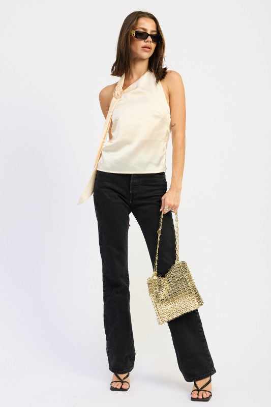 Stylish Emory Park one shoulder top with scarf detail paired with black flared jeans and chic accessories