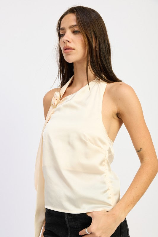 Emory Park One Shoulder Top With Scarf Detail in Cream Color, Perfect for Stylish Outfits