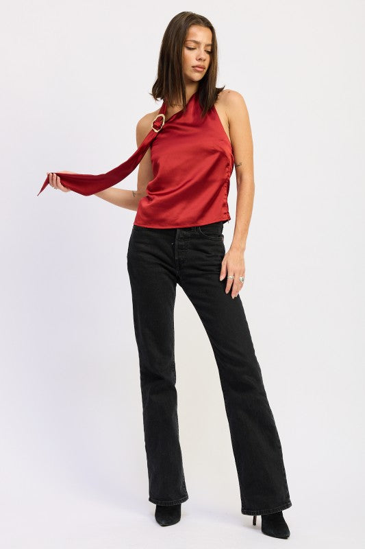 Stylish Emory Park One Shoulder Top With Scarf Detail in red, paired with black flared jeans