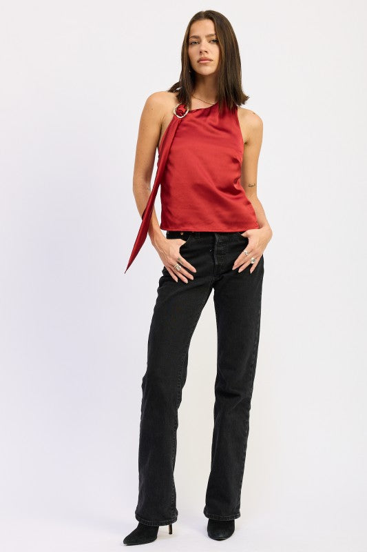 Red Emory Park one shoulder top with scarf detail paired with black jeans for a stylish look