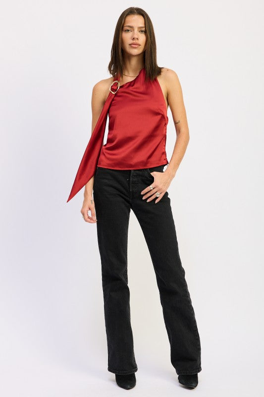Emory Park One Shoulder Top With Scarf Detail in Red, styled with black flared jeans for a chic look