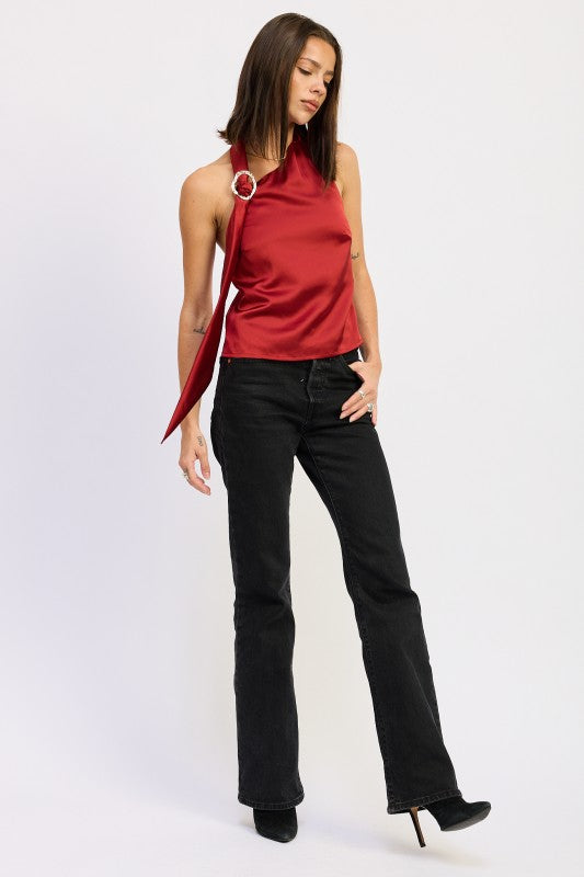 Emory Park One Shoulder Top With Scarf Detail in Red, featuring a stylish scarf and elegant design