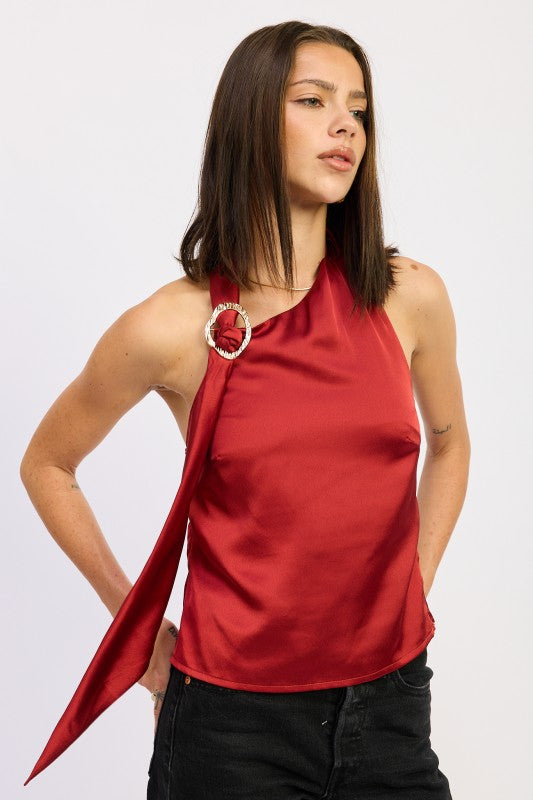 Emory Park One Shoulder Top With Scarf Detail in Burgundy with a sleek design and stylish ring accent