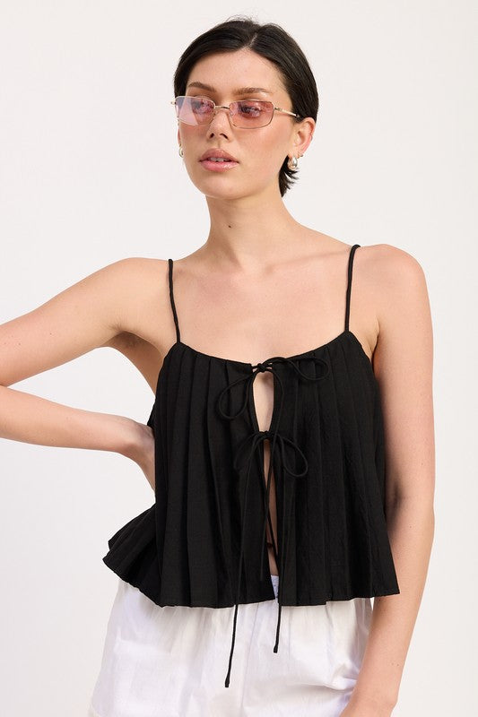 Emory Park Pleated Tie Front Cami Top in black with thin straps and front tie details