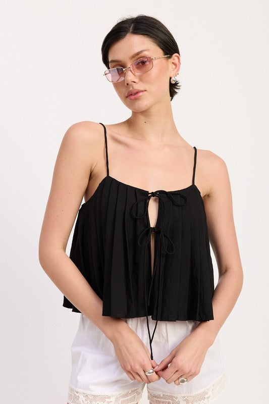 Emory Park black Pleated Tie Front Cami Top with thin straps and front ties on model