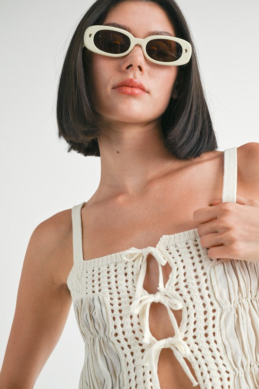Emory Park Squared Neck Mixed Knit Top in cream with tie front details and thin straps