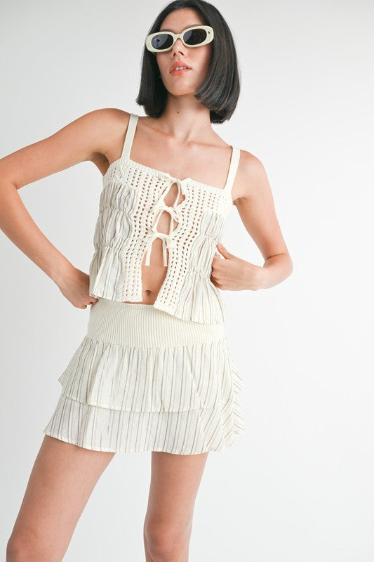 Emory Park Squared Neck Mixed Knit Top in cream with tie details and thin straps on model