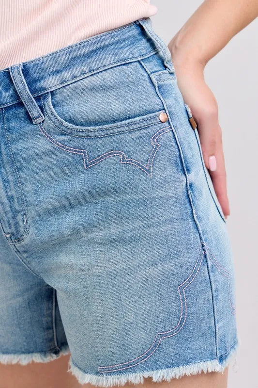 Western Embroidery Denim Shorts with Frayed Hem and Stylish Stitching Detail