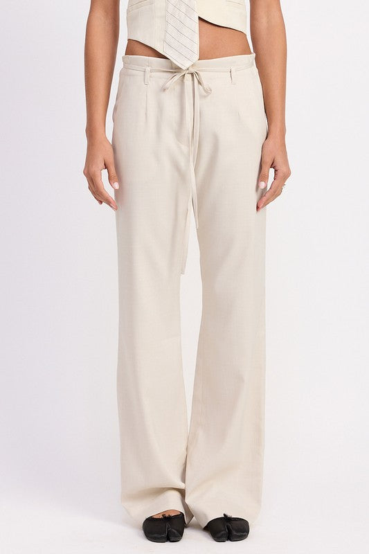 Emory Park wide leg drawstring trousers with belt loops in beige with relaxed fit and front tie