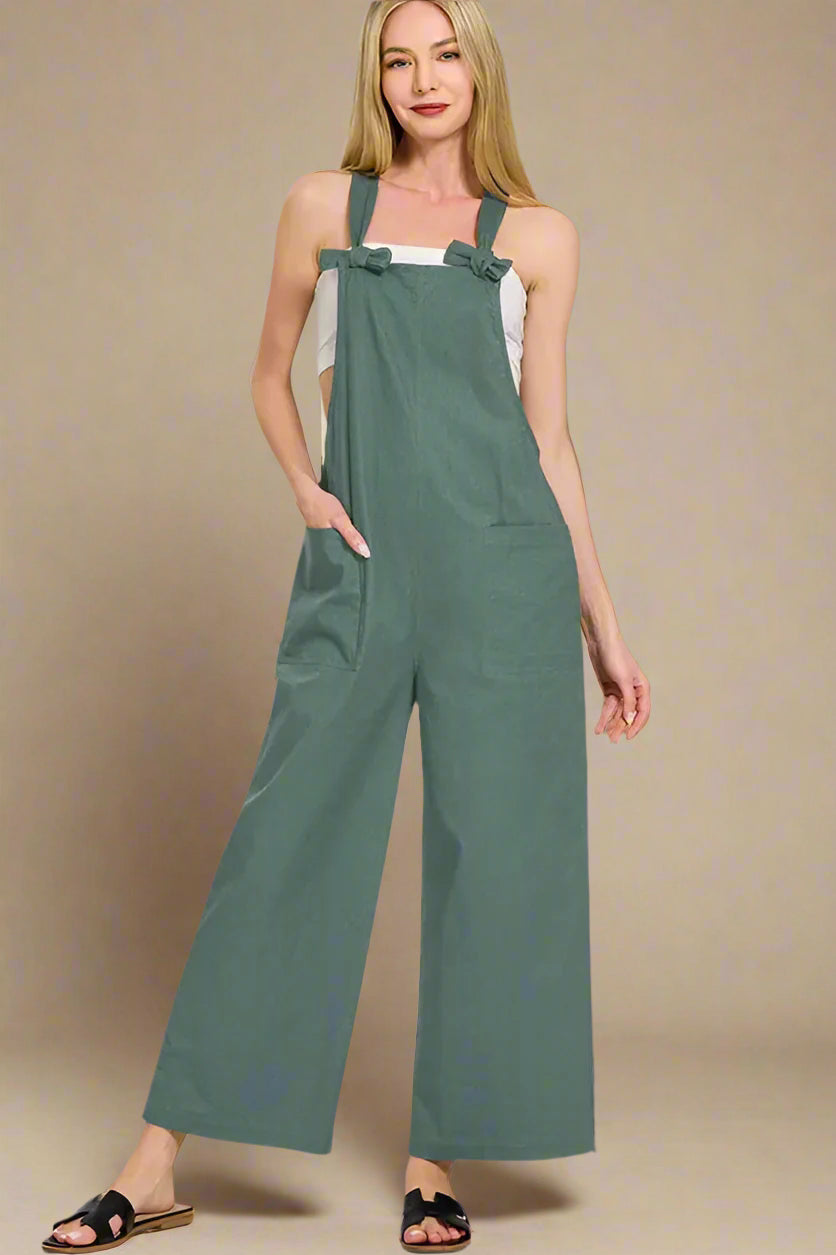 Woven Knot Strap Overalls in Green with Wide-Leg Design for Stylish Comfort