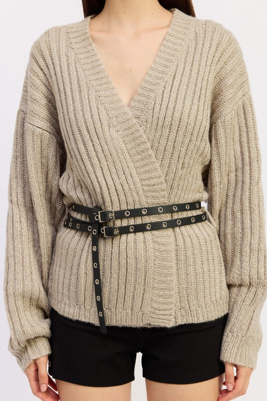 Emory Park Wrapped Cardigan With Belt in Beige Featuring Ribbed Knit Design and Oversized Sleeves