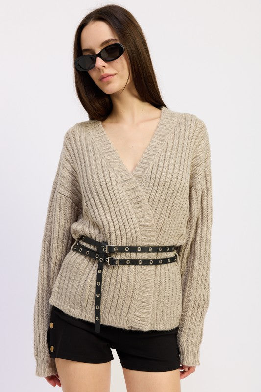 Emory Park Wrapped Cardigan With Belt in Beige, featuring ribbed texture and stylish design
