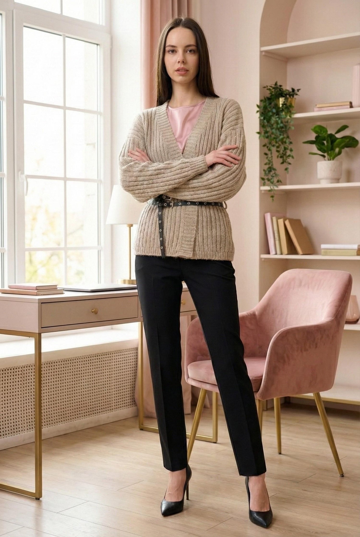Model wearing Emory Park Wrapped Cardigan With Belt in Cream Cozy Knit Style standing in luxury feminine home office