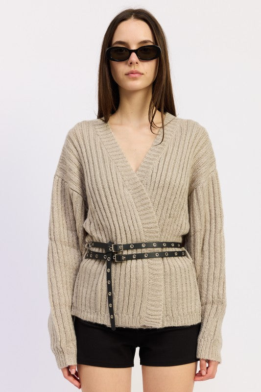 Emory Park Wrapped Cardigan With Belt in beige ribbed knit for a stylish layered look