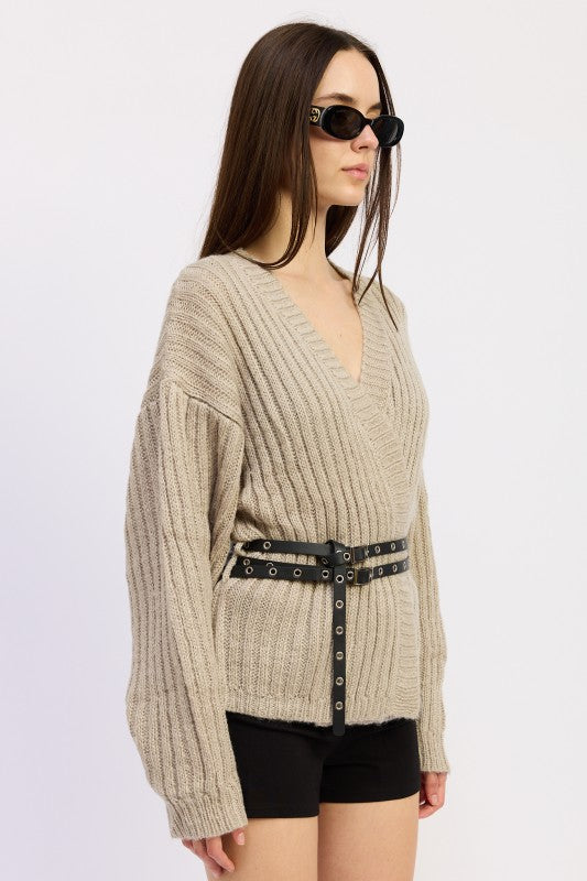 Emory Park wrapped cardigan with belt in beige featuring a V-neck and ribbed texture for a stylish look