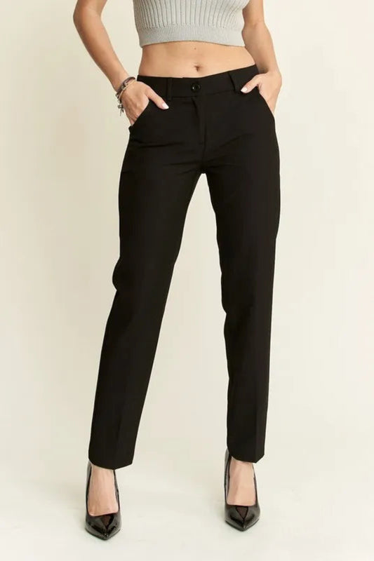 Trendy black zipper detail skinny pants with a sleek fit and front pockets for stylish comfort